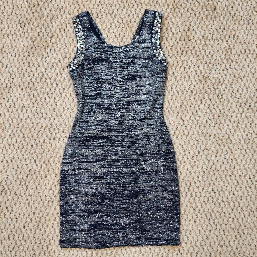 Way In Blue Silver Sparkle Mini Dress Rhinestone Detail Women Size 3 Formal